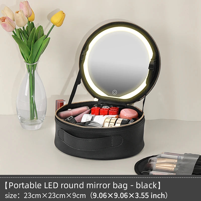 Travel PUMakeup Bag With Led Mirror, Portable Cosmetic Bag With Mirror And Light, Travel Rechargeable Makeup Bag With Led Lights