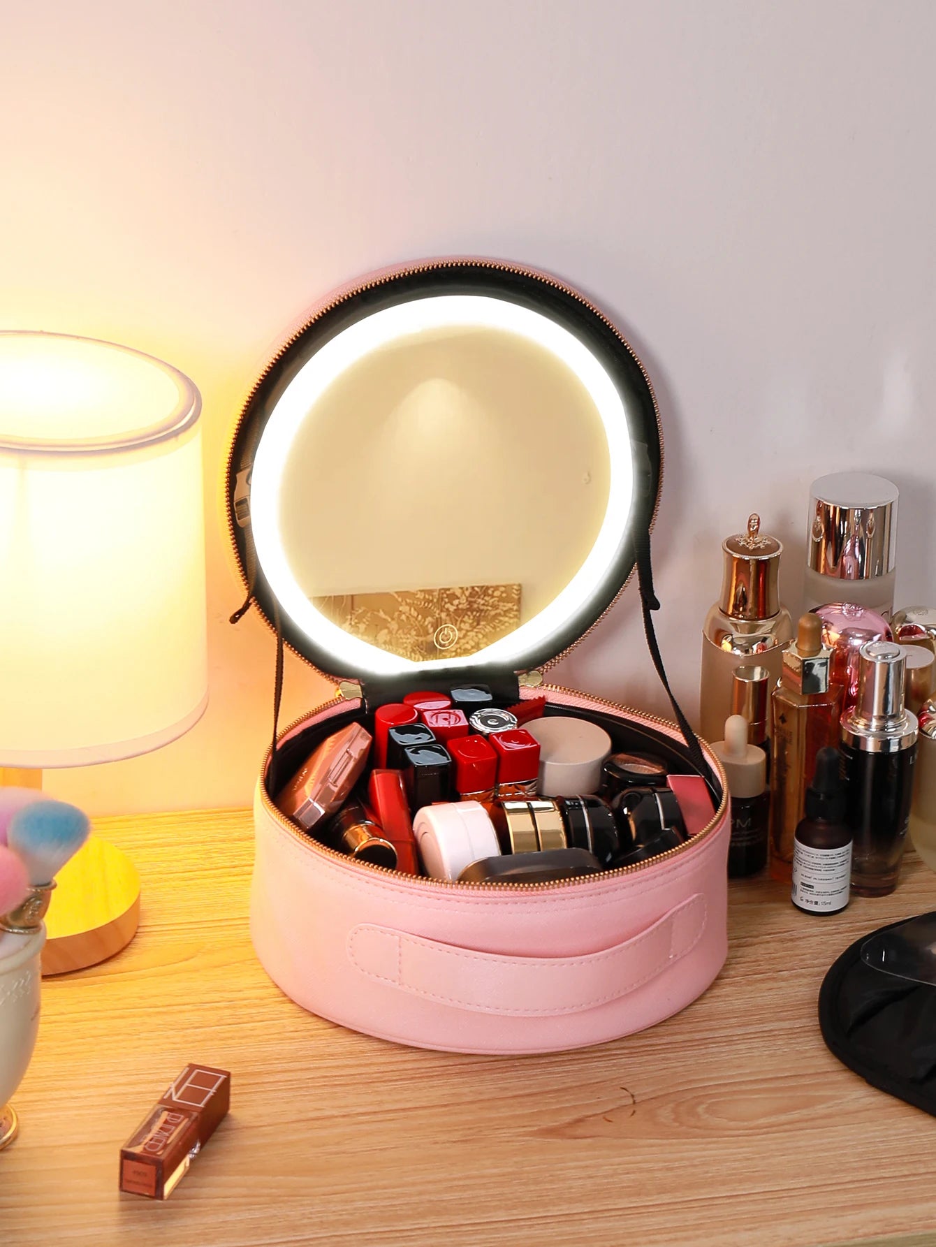 Travel PUMakeup Bag With Led Mirror, Portable Cosmetic Bag With Mirror And Light, Travel Rechargeable Makeup Bag With Led Lights