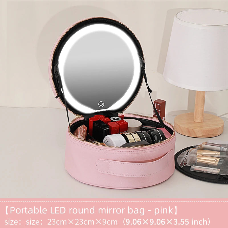 Travel PUMakeup Bag With Led Mirror, Portable Cosmetic Bag With Mirror And Light, Travel Rechargeable Makeup Bag With Led Lights