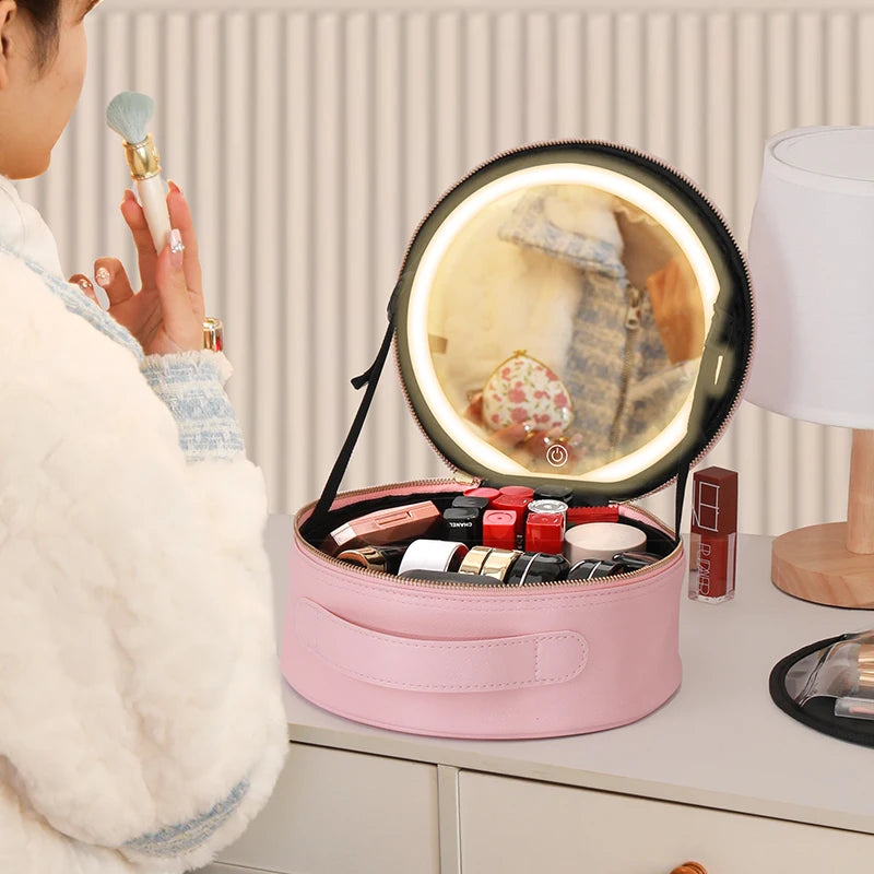 Travel PUMakeup Bag With Led Mirror, Portable Cosmetic Bag With Mirror And Light, Travel Rechargeable Makeup Bag With Led Lights