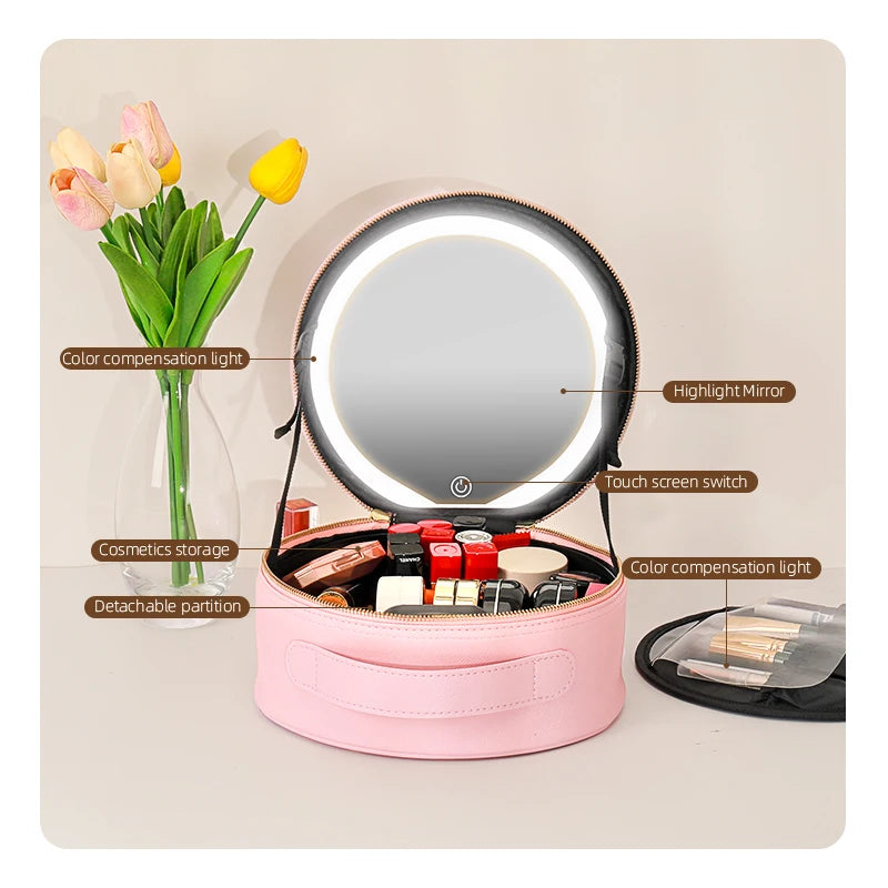 Travel PUMakeup Bag With Led Mirror, Portable Cosmetic Bag With Mirror And Light, Travel Rechargeable Makeup Bag With Led Lights